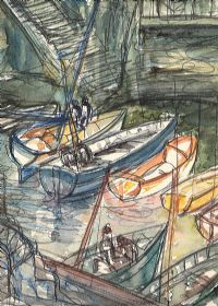 FISHING BOATS IN THE HARBOUR by Olive Henry RUA at Ross's Online Art Auctions