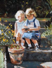 TWO LITTLE GIRLS IN A GARDEN by Rowland Davidson at Ross's Online Art Auctions