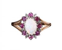 9CT GOLD OPAL, RUBY AND DIAMOND CLUSTER RING at Ross's Online Art Auctions