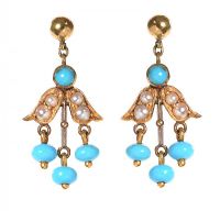 9CT GOLD SEED PEARL AND TUQUOISE EARRINGS at Ross's Online Art Auctions