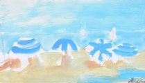 PARASOLES ON THE BEACH by Markey Robinson at Ross's Online Art Auctions