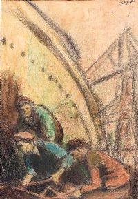RIVETERS IN THE SHIPYARD by William Conor RHA RUA at Ross's Online Art Auctions