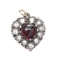 9CT GOLD HEART-SHAPED CHARM SET WITH GARNET AND DIAMOND at Ross's Online Art Auctions