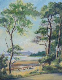 SCRABO TOWER ACROSS STRANGFORD LOUGH by Allan Ardies at Ross's Online Art Auctions
