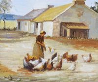 FEEDING CHICKENS IN THE FARM YARD by Liam Kelly at Ross's Online Art Auctions