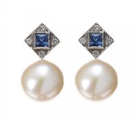 18CT WHITE GOLD FRESH WATER PEARL, DIAMOND AND SAPPHIRE EARRINGS at Ross's Online Art Auctions