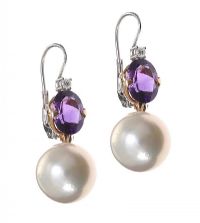 18CT GOLD AND WHITE GOLD AMETHYST, DIAMOND AND PEARL DROP EARRINGS at Ross's Online Art Auctions