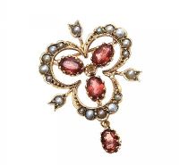 9CT GOLD GARNET AND SEED PEARL BROOCH at Ross's Online Art Auctions