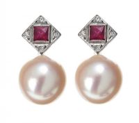 18CT WHITE GOLD RUBY, DIAMOND AND PEARL EARRINGS at Ross's Online Art Auctions