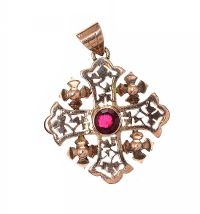 14CT GOLD CROSS WITH RED CRYSTAL at Ross's Online Art Auctions