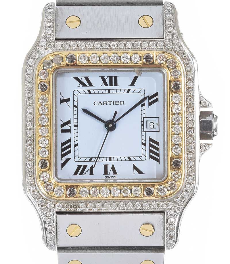 'SANTOS DE CARTIER' STAINLESS STEEL AND 18CT GOLD DIAMOND-SET LADY'S WRIST WATCH at Ross's Online Art Auctions
