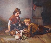 CHILDREN WITH RABBITS by J. Wilson at Ross's Online Art Auctions