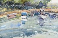 BOATS IN THE HARBOUR AT CUSHENDUN by James Watson at Ross's Online Art Auctions