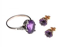SILVER AMETHYST RING AND 9CT GOLD AMETHYST EARRINGS at Ross's Online Art Auctions