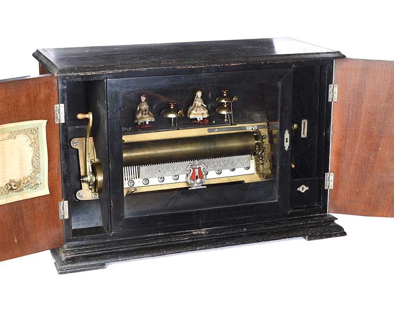 RARE COIN OPERATED ANTIQUE CYLINDER MUSIC BOX WITH BELLS & DANCING DOLLS at Ross's Online Art Auctions