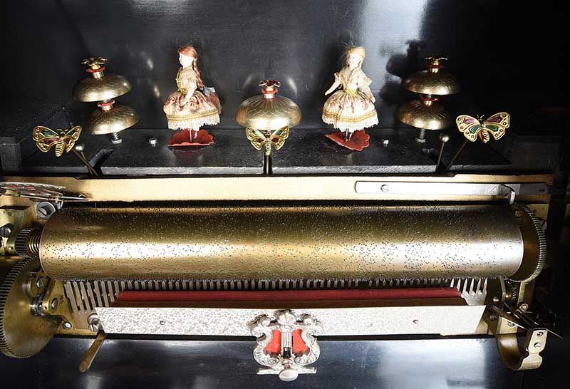 RARE COIN OPERATED ANTIQUE CYLINDER MUSIC BOX WITH BELLS & DANCING DOLLS at Ross's Online Art Auctions