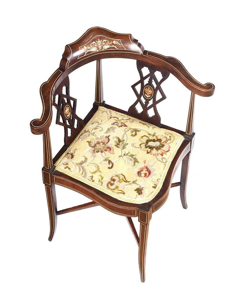 EDWARDIAN INLAID MAHOGANY CORNER CHAIR at Ross's Online Art Auctions