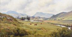 CATTLE GRAZING BY THE RIVER DALL, COUNTY ANTRIM by Charles McAuley at Ross's Online Art Auctions