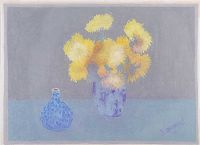 CHRYSANTHEMUMS & BLUE VASE by Bernard Myers RA at Ross's Online Art Auctions