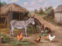 DONKEYS & CHICKEN IN THE FARMYARD by Edgar Hunt at Ross's Online Art Auctions