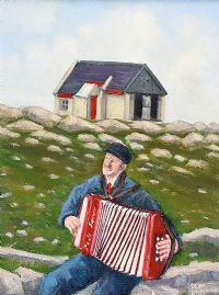 PATSY DAN PLAYS THE BOX AT DEREK HILL'S HUT by Sean Loughrey at Ross's Online Art Auctions
