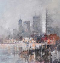 MORNING MIST IN THE CITY by Colin Gibson at Ross's Online Art Auctions