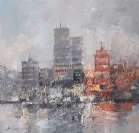 CITY IN RED & GREY by Colin Gibson at Ross's Online Art Auctions