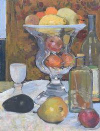 STILL LIFE, LARGE GLASS VASE WITH FRUIT by Hilary Bryson at Ross's Online Art Auctions