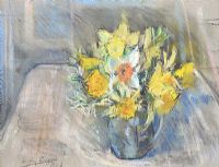 STILL LIFE, DAFFODILS IN A GREEN JUG by Hilary Bryson at Ross's Online Art Auctions