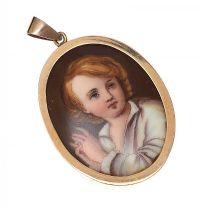 HAND PAINTED PORCELAIN MINIATURE PENDANT IN GOLD MOUNTED FRAME at Ross's Online Art Auctions