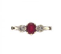 9CT GOLD RUBY AND DIAMOND THREE STONE RING at Ross's Online Art Auctions