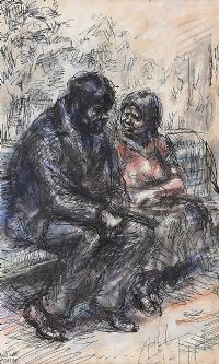 A CHAT ON THE PARK BENCH by William Conor RHA RUA at Ross's Online Art Auctions