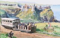 ON THE CAUSEWAY TRAIN BY DUNLUCE CASTLE by John Wright at Ross's Online Art Auctions