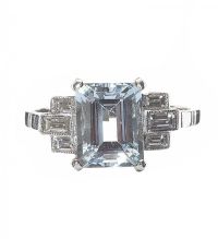 PLATINUM AQUAMARINE AND DIAMOND RING IN THE STYLE OF ART DECO at Ross's Online Art Auctions