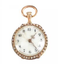 FRENCH 18CT GOLD LADY'S FOB WATCH SET WITH SEED PEARLS AND DIAMONDS at Ross's Online Art Auctions