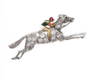 18CT WHITE GOLD GEM-SET AND ENAMEL 'HORSE AND JOCKEY' BROOCH at Ross's Online Art Auctions