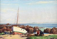 MENDING NETS ON THE ANTRIM COAST by Charles McAuley at Ross's Online Art Auctions