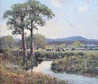 CATTLE GRAZING BY A RIVER by William Cunningham at Ross's Online Art Auctions