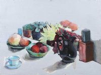 STILL LIFE, BLACK JUG, BLUE BOWLS, CUP & SAUCER by Hilary Bryson at Ross's Online Art Auctions