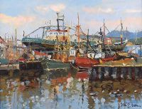 BOATS IN DRY DOCK by Liam Treacy at Ross's Online Art Auctions