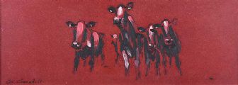 NOSEY COWS ON RED by Con Campbell at Ross's Online Art Auctions