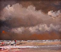 COUPLE FACING THE GOLDEN ATLANTIC SUNSET by Sean Lorinyenko at Ross's Online Art Auctions