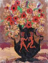 SPARTAN BURIAL URN WITH RED POPPIES & WILD FLOWERS by Gerald G. Beattie at Ross's Online Art Auctions