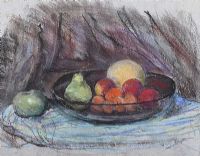 STILL LIFE, DARK GLASS BOWL WITH MELON, PEAR & APPLE by Hilary Bryson at Ross's Online Art Auctions