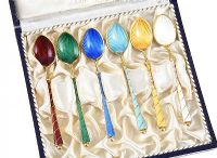 BOXED SET OF DANISH GOLD-PLATED STERLING SILVER AND ENAMEL TEASPOONS at Ross's Online Art Auctions