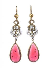 VICTORIAN MID-CARAT GOLD ENAMEL AND GARNET DROP EARRINGS at Ross's Online Art Auctions