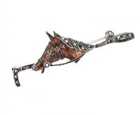 SILVER HORSE AND CROP BROOCH WITH COLOURED ENAMEL, AN EMERALD AND MARCASITE at Ross's Online Art Auctions