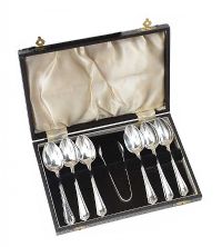 BOXED SET OF SIX EPNS TEASPOONS AND SUGAR TONGS at Ross's Online Art Auctions