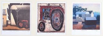 BARN WITH TRACTOR, RED TRACTOR & SMALL FARM by John McNulty at Ross's Online Art Auctions