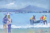 THE CURRACH MEN ON DOWNINGS SEAFRONT by Sean Lorinyenko at Ross's Online Art Auctions